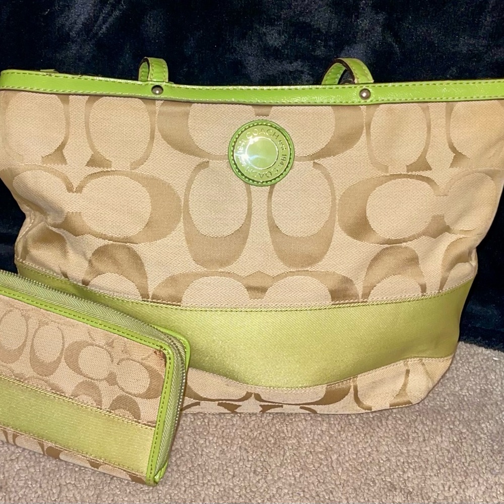 Lime, green and tan coach purse, and wallet